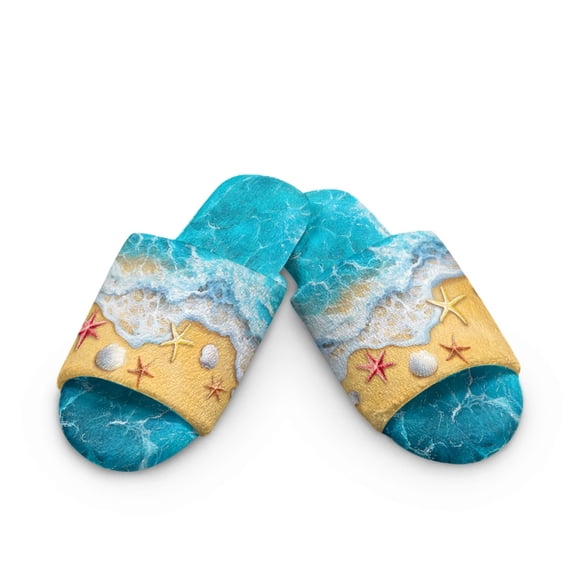 Xoenoiee Starfish Seashell Beach Print Open Toe Slippers for Women Men Comfy Fuzzy Lining House Slippers Platform Sole Slip On Home Slipper Non Slip House Shoes, 9-10 Women/8-9 Men