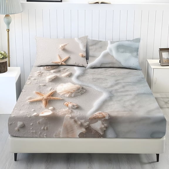 Xoenoiee Starfish Seashell Conch Pattern Sheets Set, Soft Microfiber, 3 Piece with Fitted Sheet and Pillowcases, Deep Pocket Breathable, Wrinkle Resistant, Hotel Luxury, Twin Size