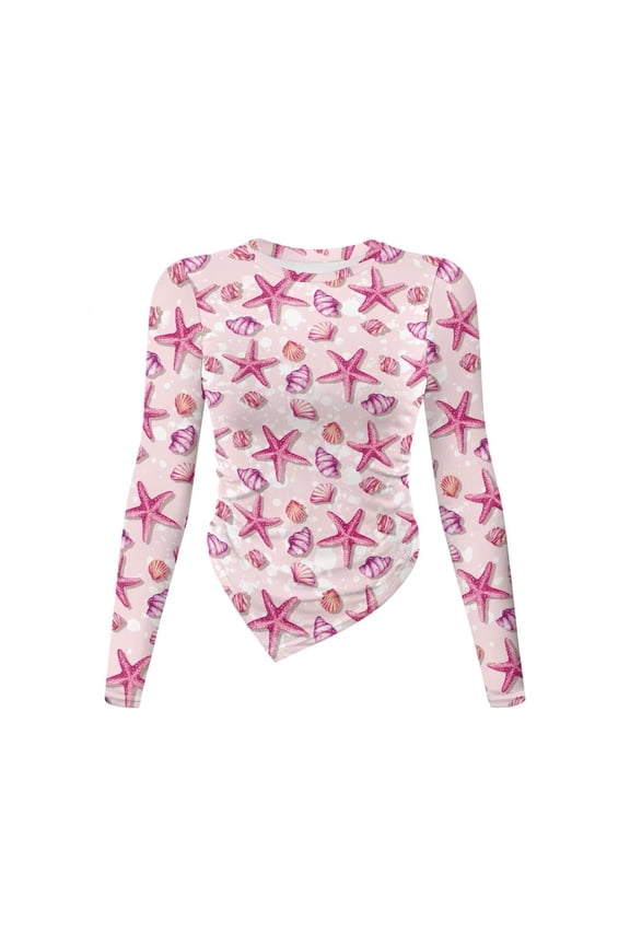 Starfish Seashell Conch Pattern Womens Long Sleeve Tops Casual Long Sleeve T Shirts Irregular Hem Split Tunics Loose Fall Going Out Blouses Shirt, Size M