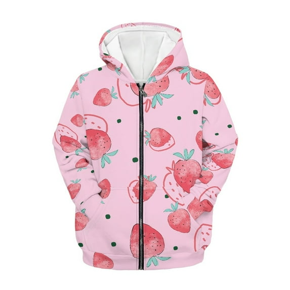 Xoenoiee Strawberry Print Kids Casual Sweatshirt Zip up Hooded Sports Jacket with Pocket Boys Girls Teens Long Sleeve Athletic Hoodie Outwear, 6-7 Years