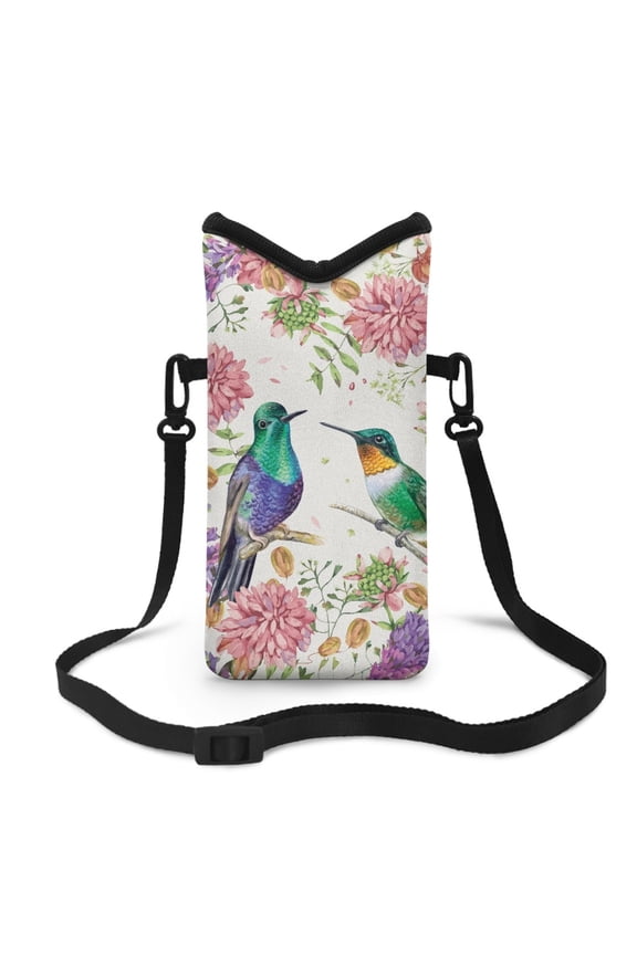 Stylish Mini Mobile Case Bag Women Men Small Crossbody Phone Bag with Adjustable Carrying Strap, Hook and Loop Fastener, 4 X 8 Inch, Hummingbird Floral