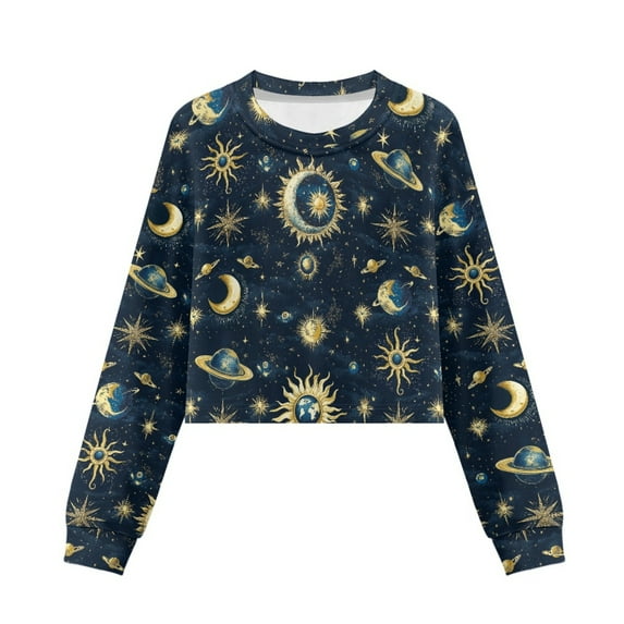 Xoenoiee Sun Moon Star Universe Print Girls Sweatshirts Long Sleeve Pullover Crewneck Crop Tops Shirts Winter Fall Clothes, 11-12 Years