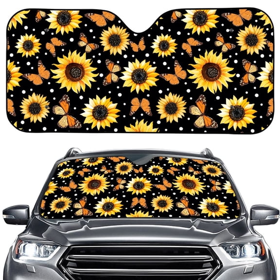 Xoenoiee Sunflower BUtterfly Dot Pattern Car Sun Shade for Windshield, Waterproof Car Windshield Sunshade Foldable Car Front Window Sunshade for Blocks UV Rays and Auto Interior Protection