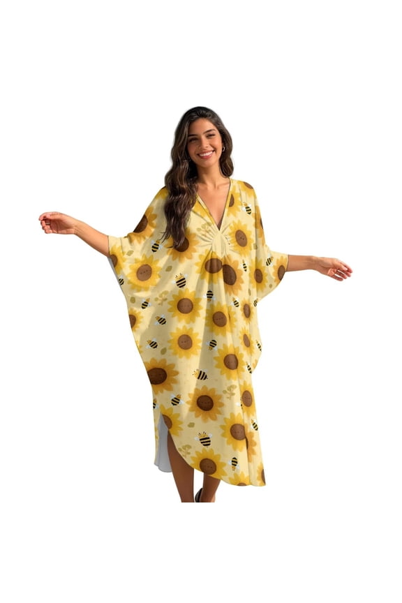 Sunflower Bee Print Kaftan Dresses for Women Plus Size Summer Bathing Suit Cover up V Neck Batwing Dress Loose fit Moroccan Caftan Mumu Dresses