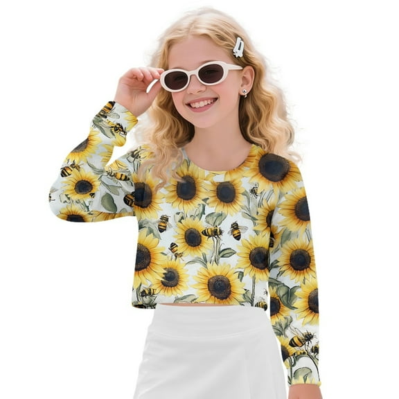 Xoenoiee Sunflower Bee Print Shirts for Girls Long Sleeve Tees Top Soft Crewneck Cropped Pullover Tshirt Fall Sweatshirt, 11-12 Years