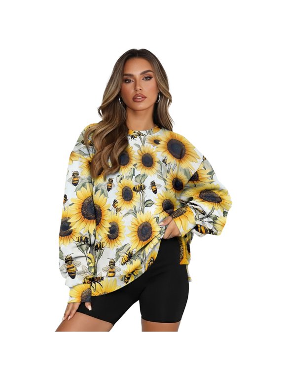 Sunflower Bee Print Womens Oversized Sweatshirts Crew Neck Pullover Long Sleeve Tops with Pockets Split Fall Fashion Outfits 2025 Clothes, Size 2XL