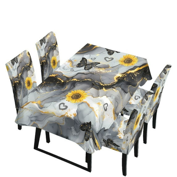 Xoenoiee Sunflower Butterfly Heart Marble Pattern 5 Pcs Table Cloth with Dining Chair Slipcovers Set Rectangle Tablecloth Stretchable Chair Protector Cover Home Kitchen Dining Room Decoration