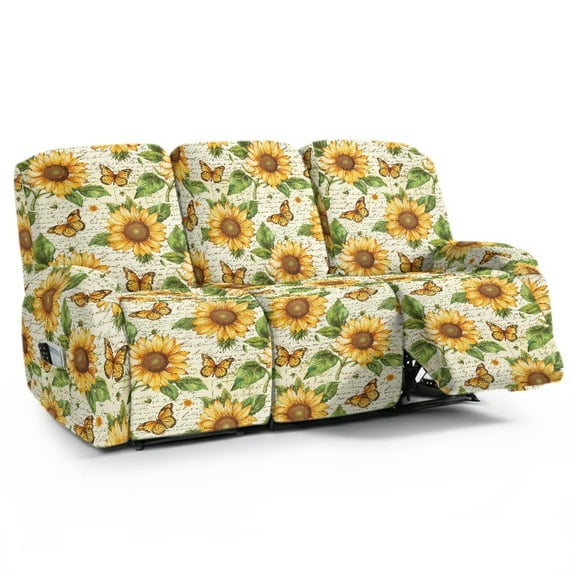 Xoenoiee Sunflower Butterfly Print 3 Seats Recliner Slipcovers Pieces Stretch Reclining Sofa Chair Covers Washable Couch Cover Furniture Protector with Side Pockets
