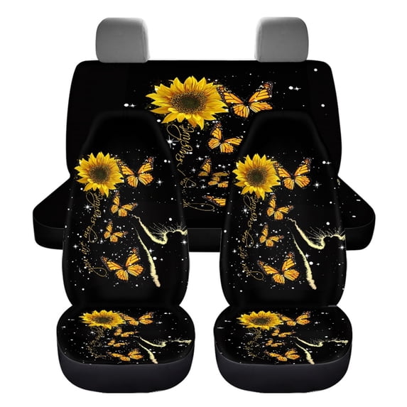 Xoenoiee Sunflower Butterfly Print Car Seat Cover Auto Accessories Set of 4 Pcs, Car Front Seat Protective Cover + Split Bench Cover Backrest Seat Protector Universal Fit