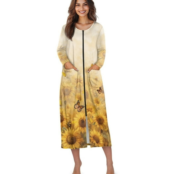Xoenoiee Sunflower Butterfly Print Robe for Women Zipper Robe Long Sleeves Housecoat Full Length Nightgown Loungewear Long Bathrobe with Pockets, L