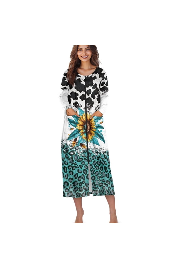 Sunflower Cow Leopard Print Women Zipper Robe Long Sleeve Loungewear Lightweight Housecoat Full Length Nightgown with Pockets, XL