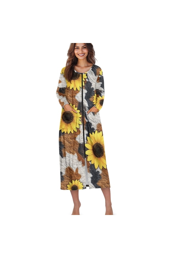 Sunflower Cow Print Long Sleeve Nightgowns for Women Long Sleepshirts Zip Up Robe Gowns Sleepwear Full Length Sleep Dress with Pockets, Size M