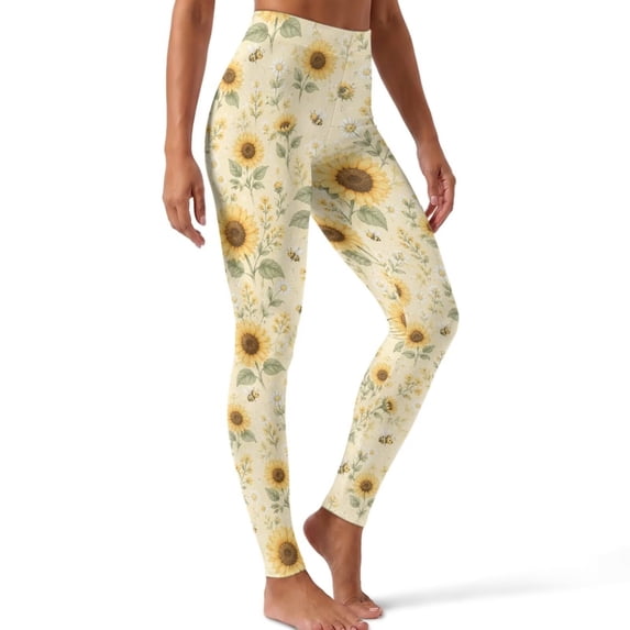 Xoenoiee Sunflower Daisy Bee Print High Waisted Yoga Leggings