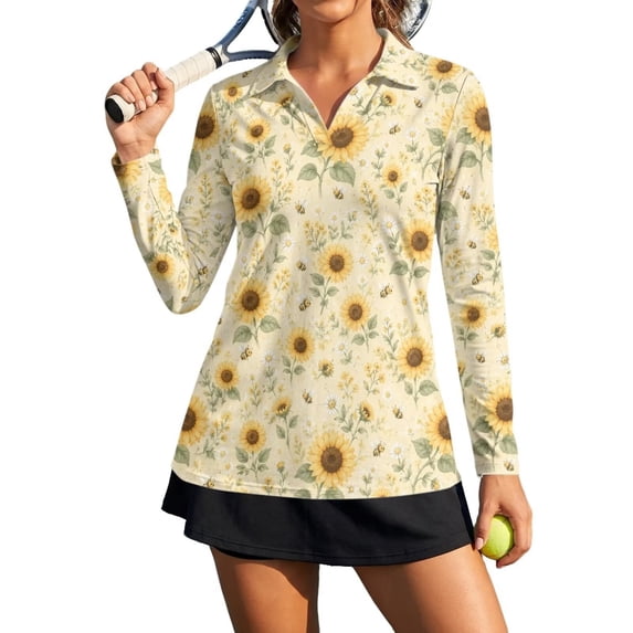 Xoenoiee Sunflower Daisy Bee Print Women's Golf Polo Shirt Long Sleeve Shirts V-Neck Collared Lightweight Blouses Breathable Athletic Tennis Shirts Moisture Wicking Quick Dry Workout Top, Size XS