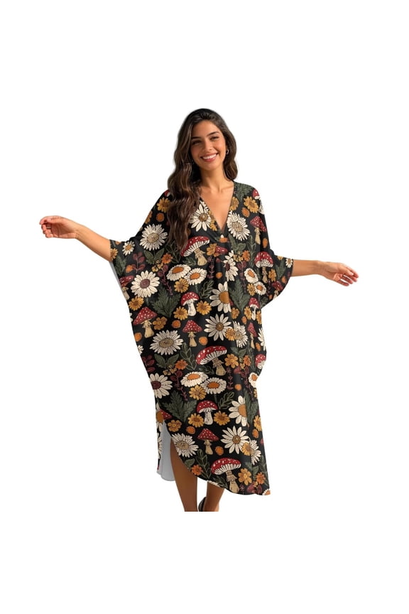Sunflower Daisy Flower Leaves Print Kaftan Dresses for Women Plus Size Caftan V-Neck Batwing Sleeve Beach Swimsuit Cover Up, Side Slits Maxi Moo Moo Loungewear