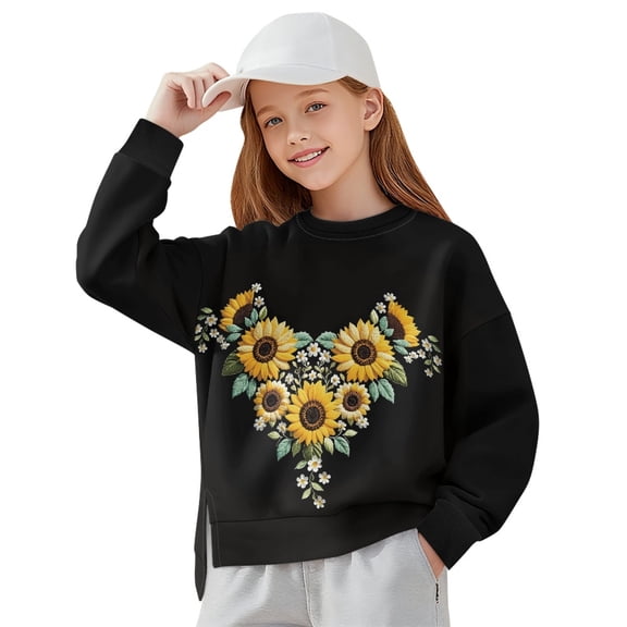 Xoenoiee Sunflower Daisy Heart Print Side Slit Sweatshirt for Girls Oversized Long Sleeve Crewneck Hoodies Pullover Tops Trendy Cute Fall Clothes Shirts, 11-12 Years