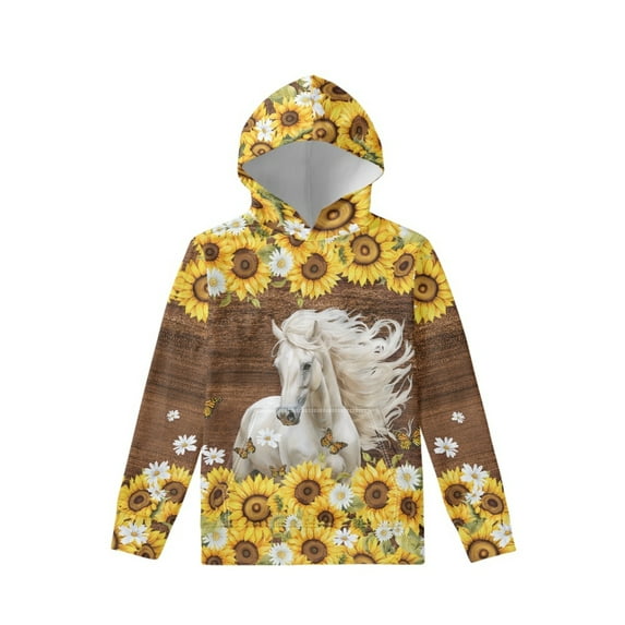 Xoenoiee Sunflower Daisy Horse Print Long Sleeve Hoodies for Kids Hooded Sweatshirt Loose Tops with Front Kangaroo Pocket Athleticwear for Running Hiking Traveling, XL