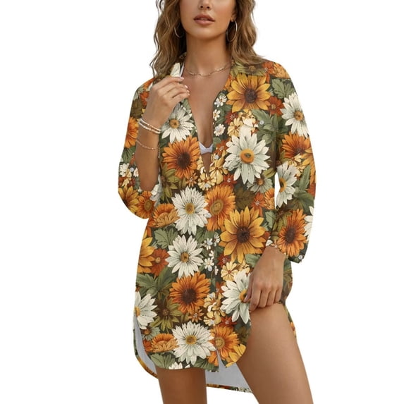 Xoenoiee Sunflower Daisy Print Swimsuit Coverup for Women Casual V Neck Bathing Suit Cover Ups Button Down Beach Bikini Swimwear Cover up Dress Shirt, M
