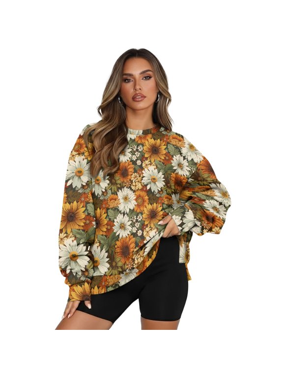 Sunflower Daisy Print Womens Oversized Sweatshirts Split Pullover Crewneck Shirts Fall Outfits Women Y2k Winter Clothes with Pockets, Size M