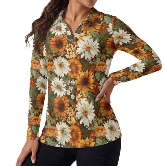Xoenoiee Sunflower Daisy Print Womens Polo Shirts Long Sleeve V Neck Golf Shirts Collared Tops Business Dressy Casual Loose Fit Stretchy Summer Fall Clothing Trendy Outfits, L