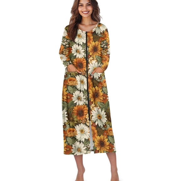 Xoenoiee Sunflower Daisy Print Womens Zipper Front Long Sleeves Robe Loungewear Full Length Sleepwear with Pockets Lightweight Bathrobe House Coat Nightgown, L