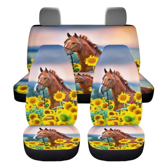 Xoenoiee Sunflower Horse Print Universal Car Seat Cover Full Set Automotive Accessories Interior Seat Covers Vehicle Seats Protector For Front Seat and Rear Bench, for Truck SUV Cars