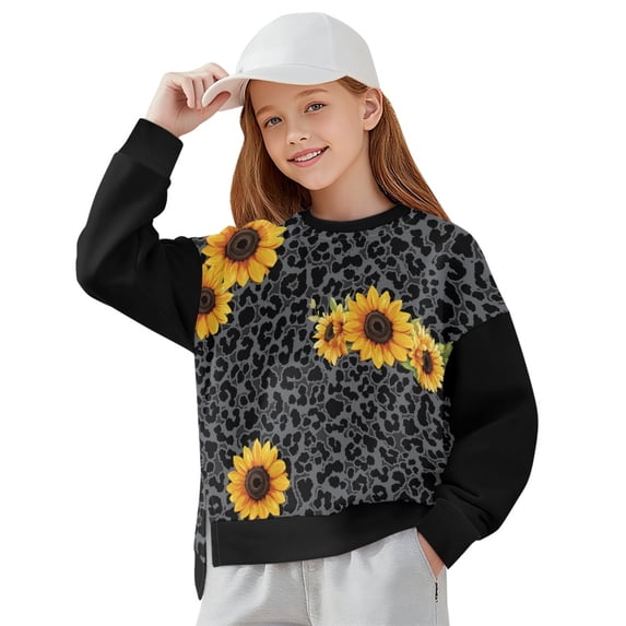 Xoenoiee Sunflower Leopard Print Girls Casual Pullover Top, Oversized Crewneck Sweatshirt with Side Slit, Long Sleeve Tunic Sweater Fall Outfits, 7-8 Years