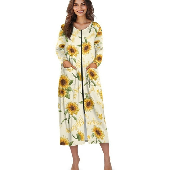 Xoenoiee Sunflower Music Note Print Women Zipper Robe Long Sleeves House Coat Soft Bathrobe Sleepwear with Pockets Nightgown Housecoat Loungewear, L
