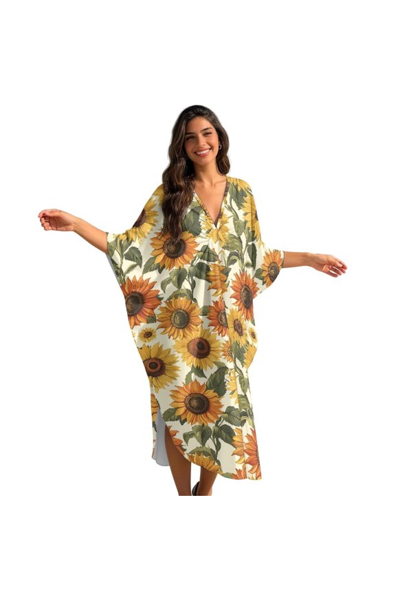 Sunflower Print Plus Size Kaftan Dress for Women Casual Caftan Bathing Swim Cover Up V Neck Boho Maxi Beach Dress Lightweight Loungewear