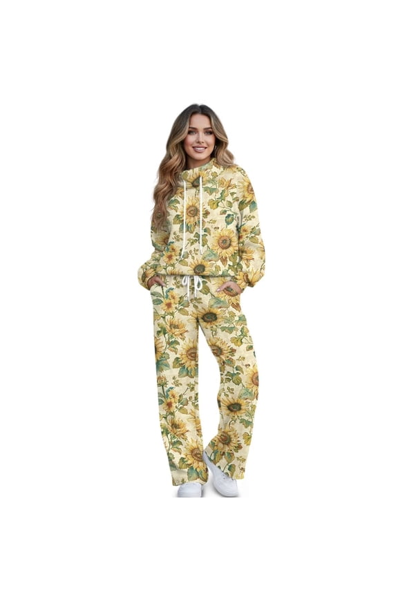 Sunflower Print Sweatsuits Women 2 Piece Outfits Two Piece Hooded Sweatshirts Sets Lounge Fall Sweatpants 2026 Tracksuits, Size XS