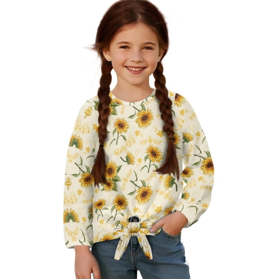 Xoenoiee Sunflower Star Music Note Print Crop Top for Girls Kids Long Sleeve T Shirt Tie Hem Blouse Fashion Crew Neck Shirts Tee for Beach Vacation Workout, 9-10 Year