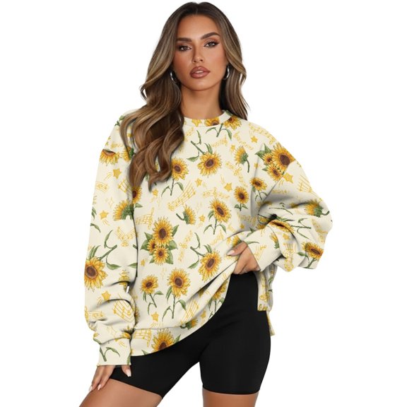 Xoenoiee Sunflower Star Music Note Print Women Sweatshirt Lightweight Pullover Long Sleeve Top Shirts with Side Slits for Running Hiking Workout, Size 2XL