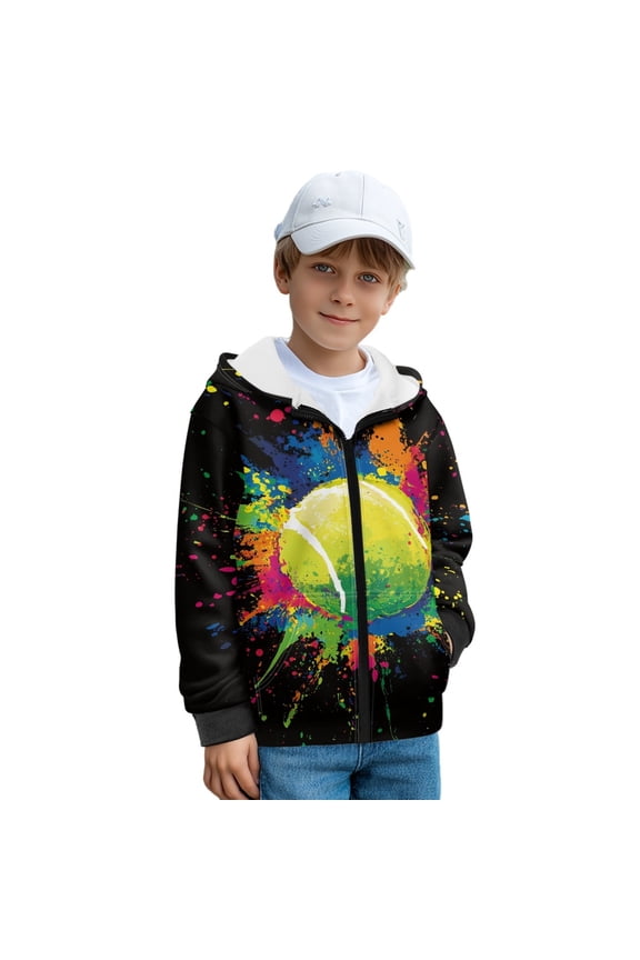 Tennis Paint Splatter Print Boys Hoodies Sweatshirt Full-Zip Long Sleeve Shirt Fashion Sweaters Fall Outfits Athletic Clothing Jumpers for Teen Kids, M