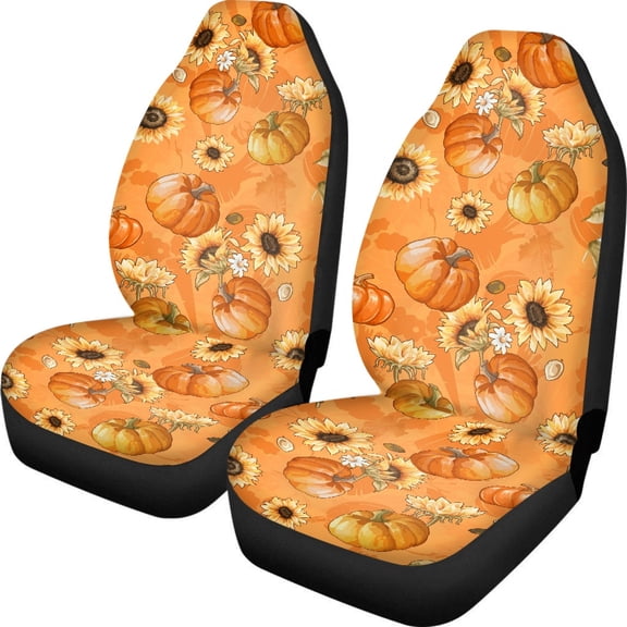 Xoenoiee Thanksgiving Fall Decor 2 Piece Car Seat Cover Front Seats Only, Retro Pumpkin Sunflower Print Auto Seat Covers Universal Fit Car Front Seat Protector for Car, Truck, SUV or Van