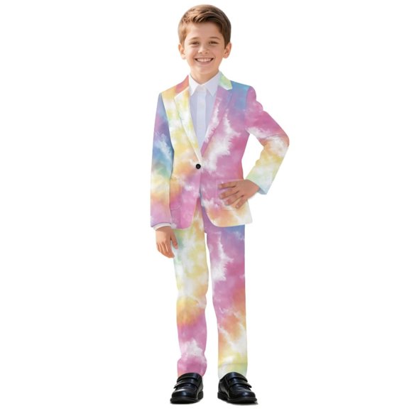 Xoenoiee Tie Dye Print Boys' Formal Suits Set Tuxedo Suit with Adjustable Waist Teen Boy Dress Blazer Set Clothes fot Wedding Party, 5-6 Years