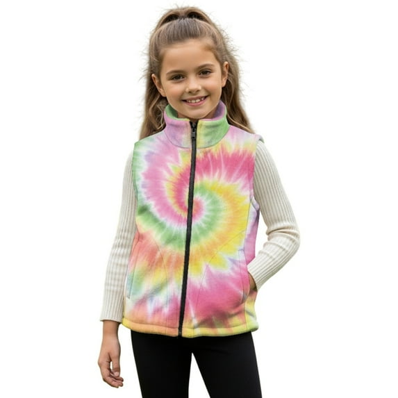 Xoenoiee Tie Dye Print Girls Lightweight Fleece Vest, Full Zip Sleeveless Outerwear for Fall Winter Spring, Running Hiking Jacket with Pockets, Size 3T