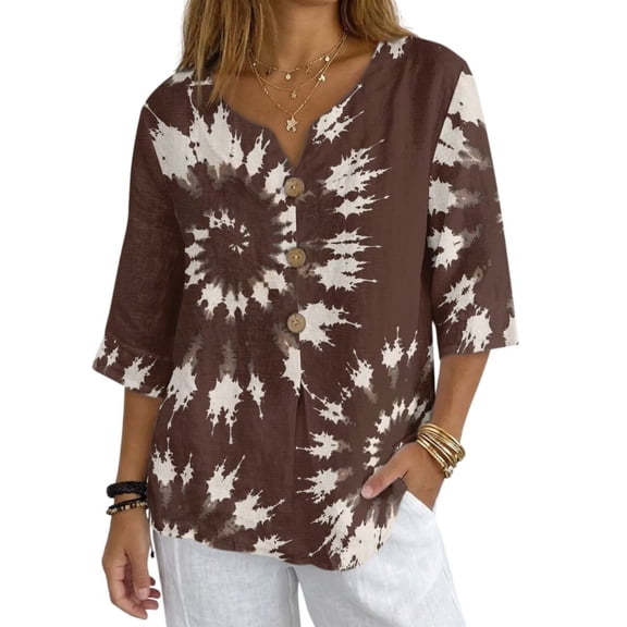 Xoenoiee Tie Dye Print Summer Linen Shirts for Women 2026 Button Down V Neck 3/4 Sleeve T-Shirt Casual Loose Basic Lightweight Blouse, Size XL