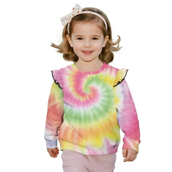 Xoenoiee Tie Dye Print Toddler Girl Sweatshirt Ruffle Pullover Round Neck Fall Clothes Long Sleeve Shirts for Girls Home School Activewear, Size 5-6 Years