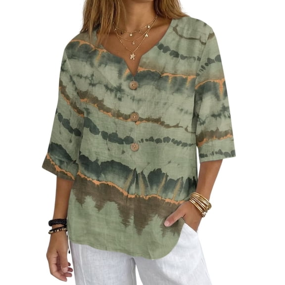 Xoenoiee Tie Dye Print Womens Button Down Shirts Cotton Linen 3/4 Sleeve Tunic Tees V Neck Pullover Casual Summer Tops Work Blouses, XL