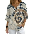 thumbnail image 1 of Xoenoiee Tie Dye Print Womens Cotton Linen Button Down Shirts 3/4 Sleeve Casual Loose Fit V Neck Stylish Breathable Summer Spring Blouses Top, S, 1 of 7