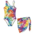 thumbnail image 1 of Xoenoiee Tie Dye Swirl Pattern Girls' Swimsuit Summer One Piece Bathing Suits Stretchy Beach Swimwear with Mesh Cover Up Skirt, Pack of 2, Size 9-10 Years, 1 of 7