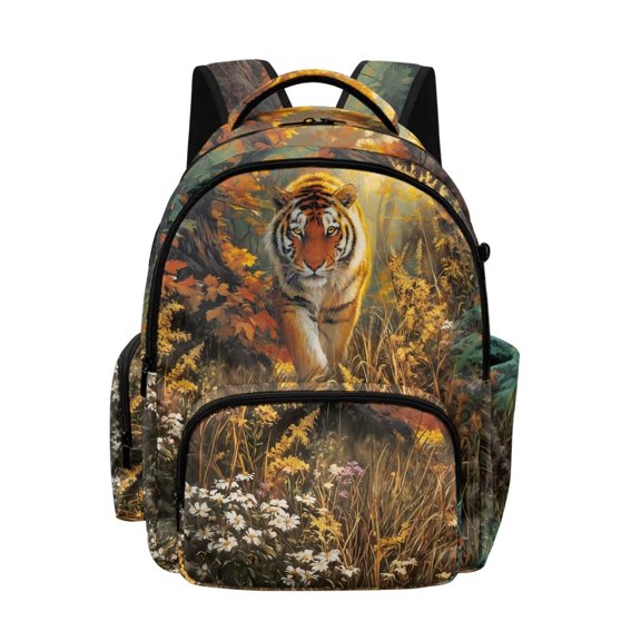 Xoenoiee Tiger Forest Daisy Flower Print 17 Inch Kids Backpack Lightweight Teen Backpack Schoolbag for Boys, Large Capacity Bookbag Daypack with Adjustable Straps for Middle High School College