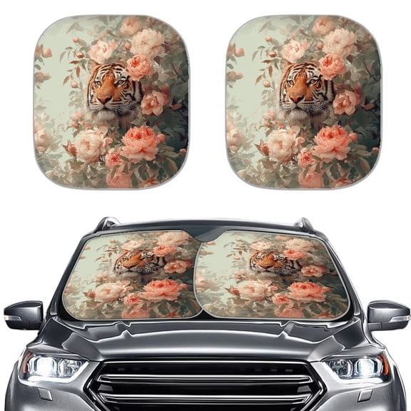 Xoenoiee Tiger Peony Flower Print 2-Piece Car Windshield Sun Shade Cars Visor Front Windshield Sun Protector to Keep Cooler Vehicle Automotive Sunshade Interior Heat and UV Protection