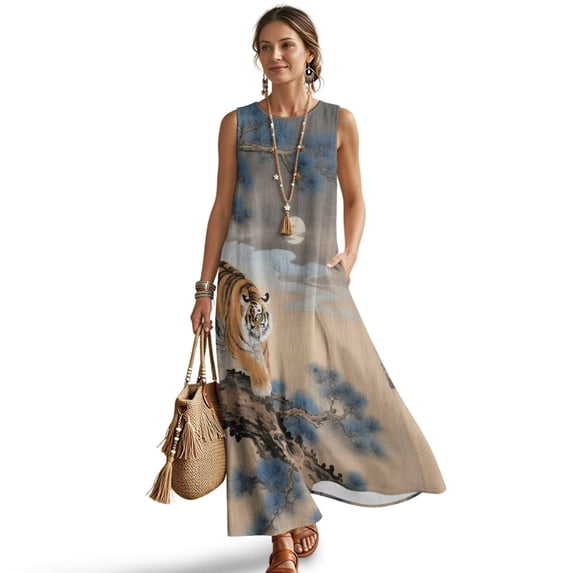 Xoenoiee Tiger Pine Tree Moon Cloud Print Womens Casual Cotton Linen Sleeveless Round Neck Maxi Dress with Pockets, Breathable Summer Beach Vacation Boho Sundress 2026 Trendy Outfits, 2XL