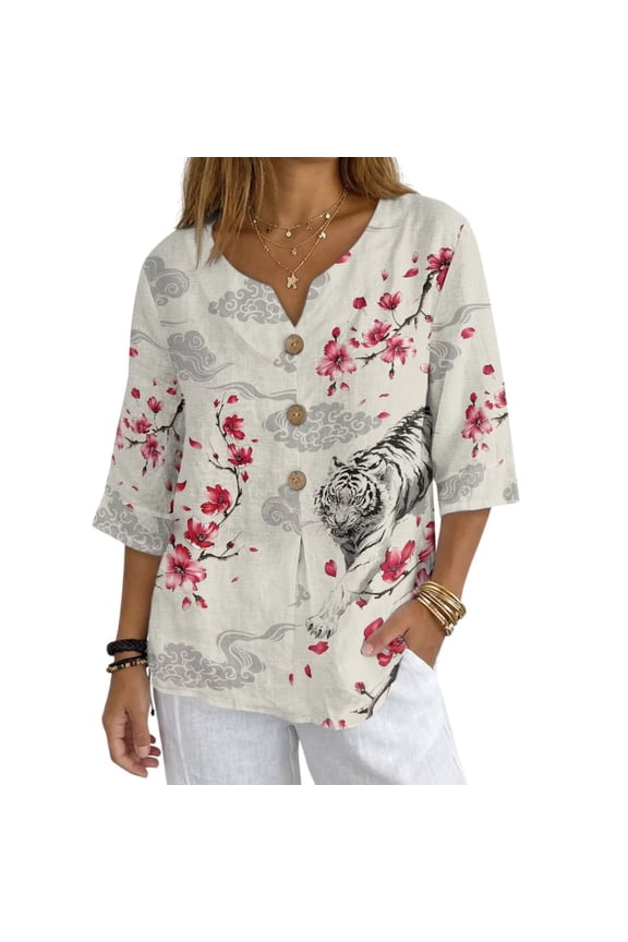 Tiger Plum Blossom Cloud Print Womens Tops 3/4 Sleeve Button Down Shirts Casual V Neck Tunic Blouses Pleated Fashion Summer Tees 2026, 3XL