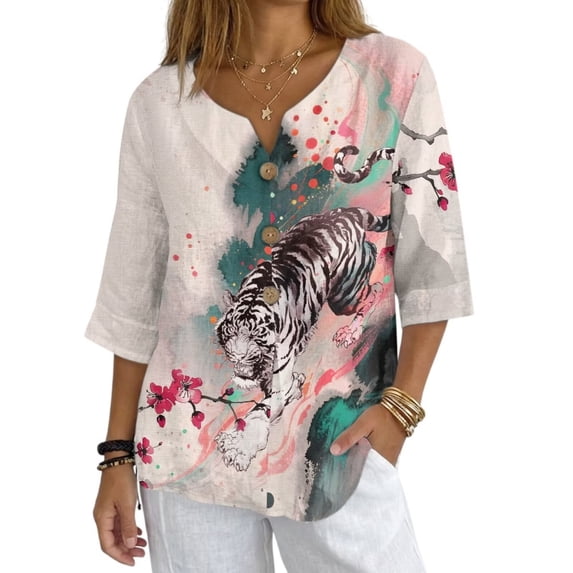 Xoenoiee Tiger Plum Blossom Paint Splatter Print Cotton Linen Button Down Shirt for Women V Neck Blouse Casual 3/4 Sleeve Tops Loose Fit Cotton Blouses, L