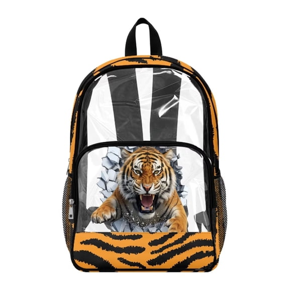 Xoenoiee Tiger Skin Print Kids Backpack 17 Inch Lightweight School Bag for Boys, Heavy Duty Clear Backpack See Through Bookbag with Front Pocket for Elementary Middle School