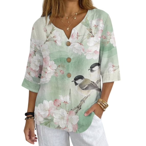 Xoenoiee Titmouse Bird Cherry Blossom Print Womens Linen Shirts 3/4 Length Sleeve Linen Button Down V Neck Blouse Spring Summer Boho Shirts Travel Vacation Tops, 3XL
