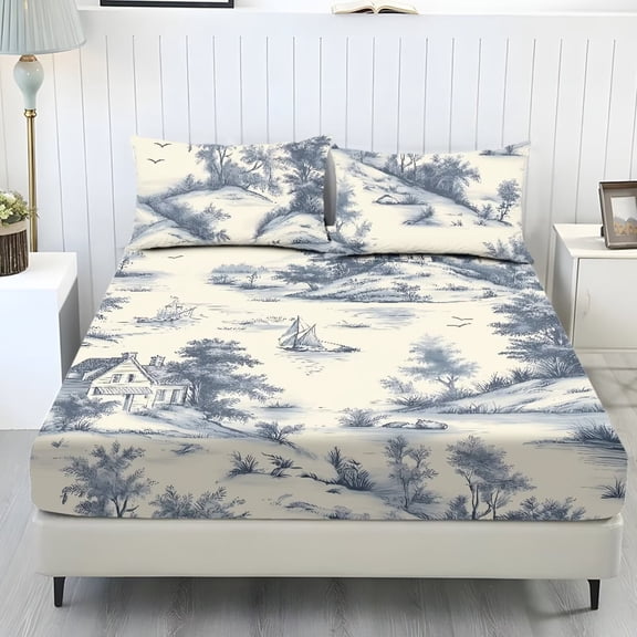 Xoenoiee Toile De Jouy Boat House Print Sheet Set 3 Piece Breathable and Cooling Sheets Hotel Bedding for Women Men Kids, Secure Fit Soft Wrinkle Free and Comfy Extra Deep Pockets, King Size