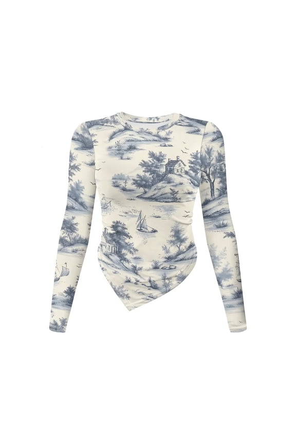 Toile De Jouy Boat House Print Women's Going Out Y2K T Shirts Long Sleeve Round Neck Fitted Tee Stretchy Blouse Trendy Asymmetrical Tops, M